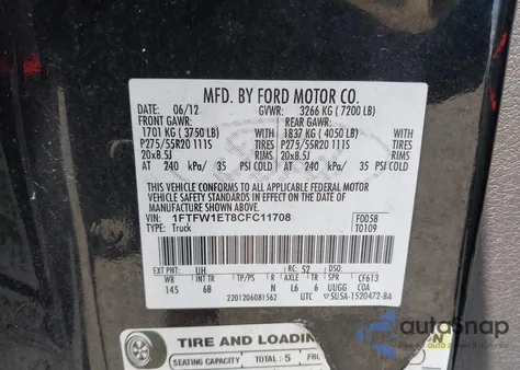 2012 Ford F-150 Fx4 z USA, uszkodzony, nr VIN 1FTFW1ET8CFC11708